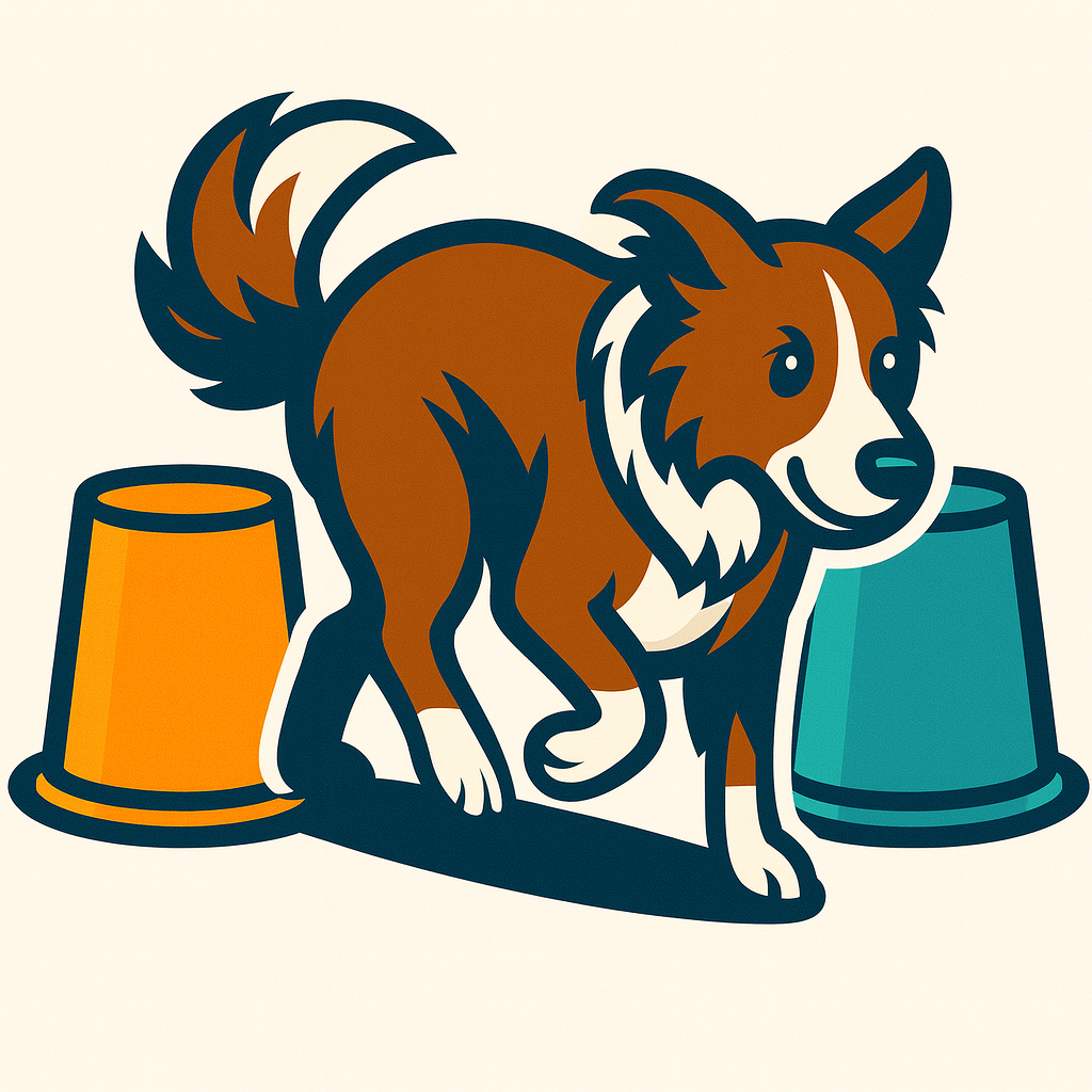 Cartoon illustration of a happy puppy dog with two buckets, one orange and one teal, working in creative obedience, enrichment-focused movement puzzles.