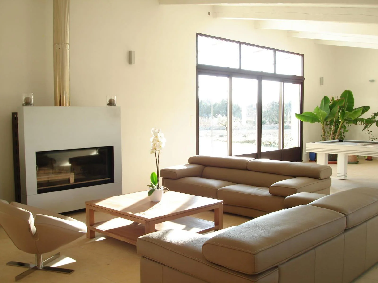 A living room with a modern fireplace, beige sofas, a wooden coffee table with a potted orchid, large glass sliding doors leading outside, and potted plants in the corner.