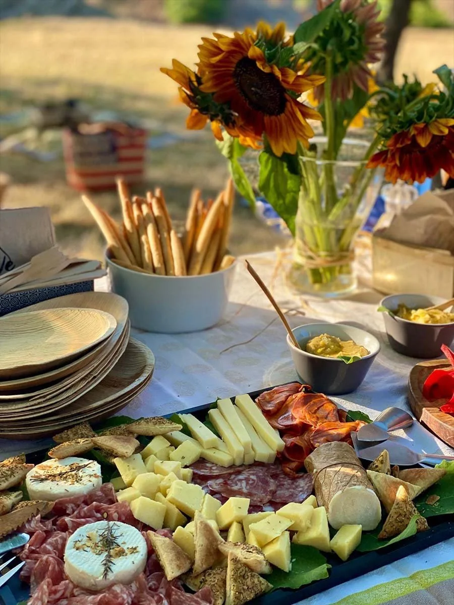 A picnic table with a cheese and charcuterie platter, bowls of dip, a vase of sunflowers, a stack of plates, and a container of breadsticks, set outdoors with a blurred background of a field and fence.