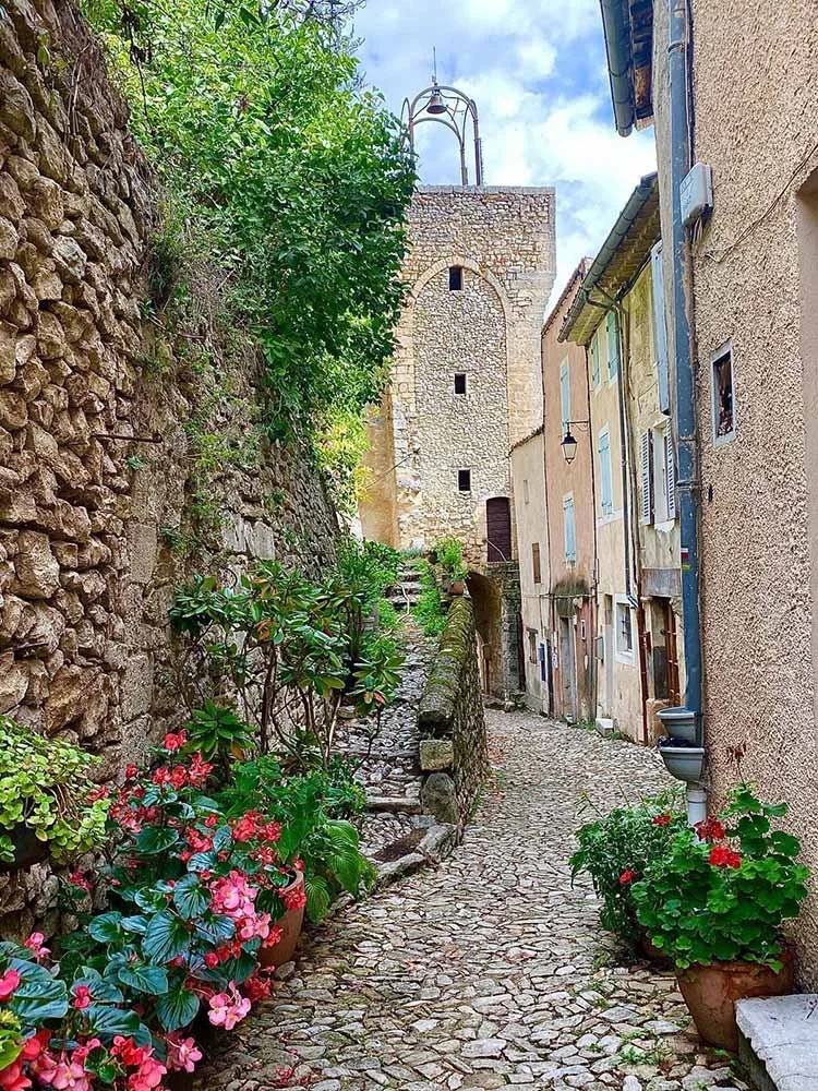 Narrow cobblestone alleyway in a quaint European village, lined with colorful potted flowers and old buildings, with a stone tower at the end.