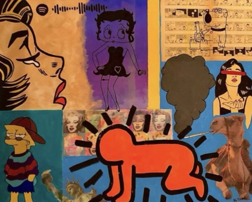 Collage of pop art and cartoon images, including Betty Boop, Marge Simpson, and Keith Haring's art.