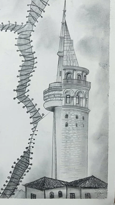 A detailed pencil drawing of a tall tower with a pointed spire, balconies, and arched windows. In the foreground, a part of a curved structure with lights or small bulbs running along its length and the roof of a building with small windows.