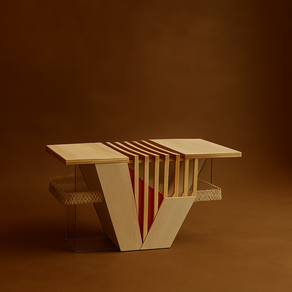 A modern wooden house maquette in a unique geometric design and a woven details, set against a dark brown background.