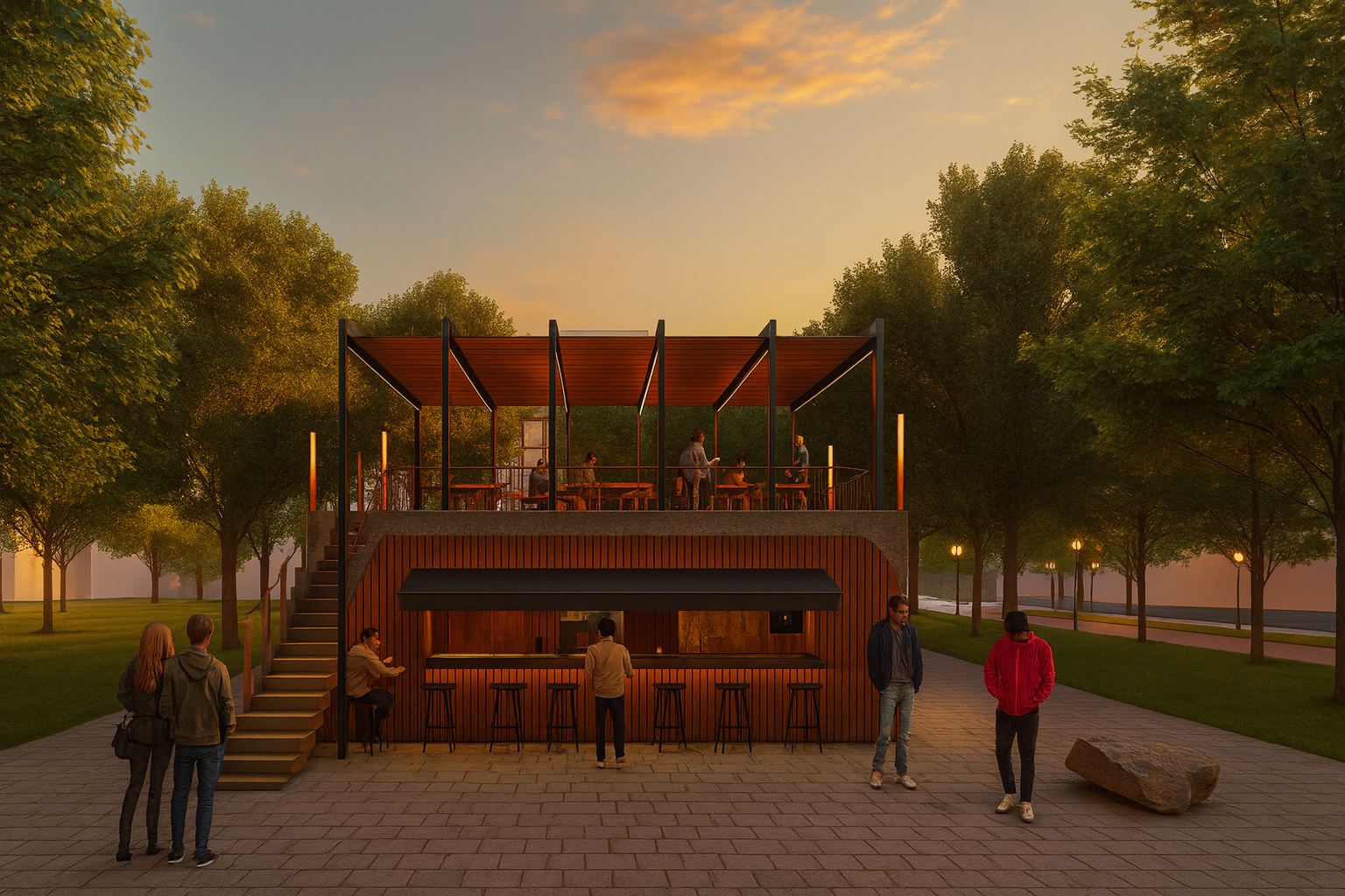 A two-story modern outdoor bar or café in a park setting at sunset, with people sitting inside upstairs and at the bar outside, surrounded by trees and lit by warm lighting.