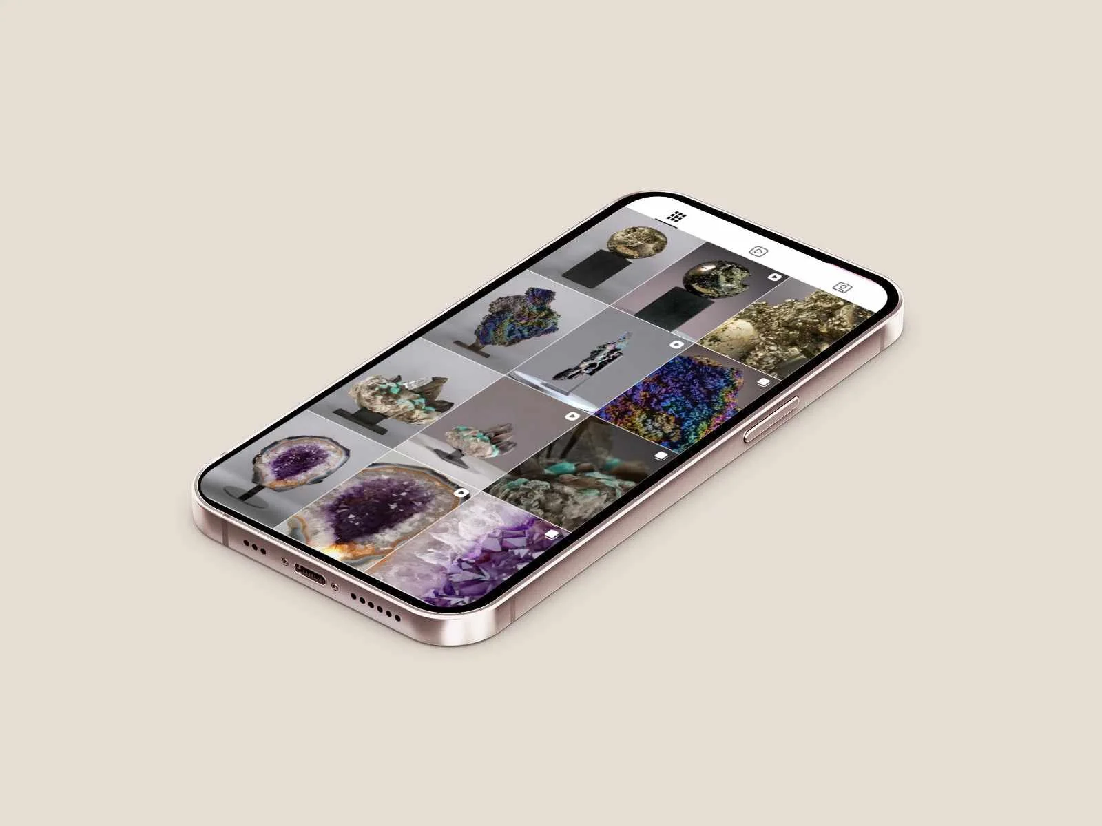 A smartphone displaying a gallery of mineral and geode photographs on a beige background.
