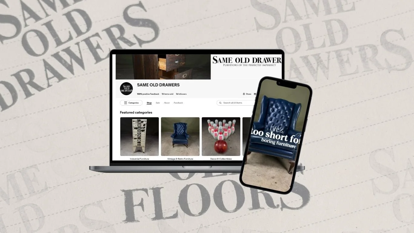 A laptop and smartphone display an online store called 'Same Old Drawers' showcasing vintage and antique furniture, including a blue leather armchair. The background has repeated faint text 'SAME OLD DRAWERS' and 'FLOORS'.