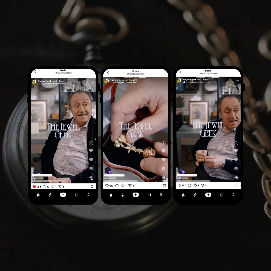 Three smartphone screens displaying video content from an influencer collaboration, featuring an antique pocket watch dealer presenting pieces to the antique jewellery influencer, The Jewel Geek.