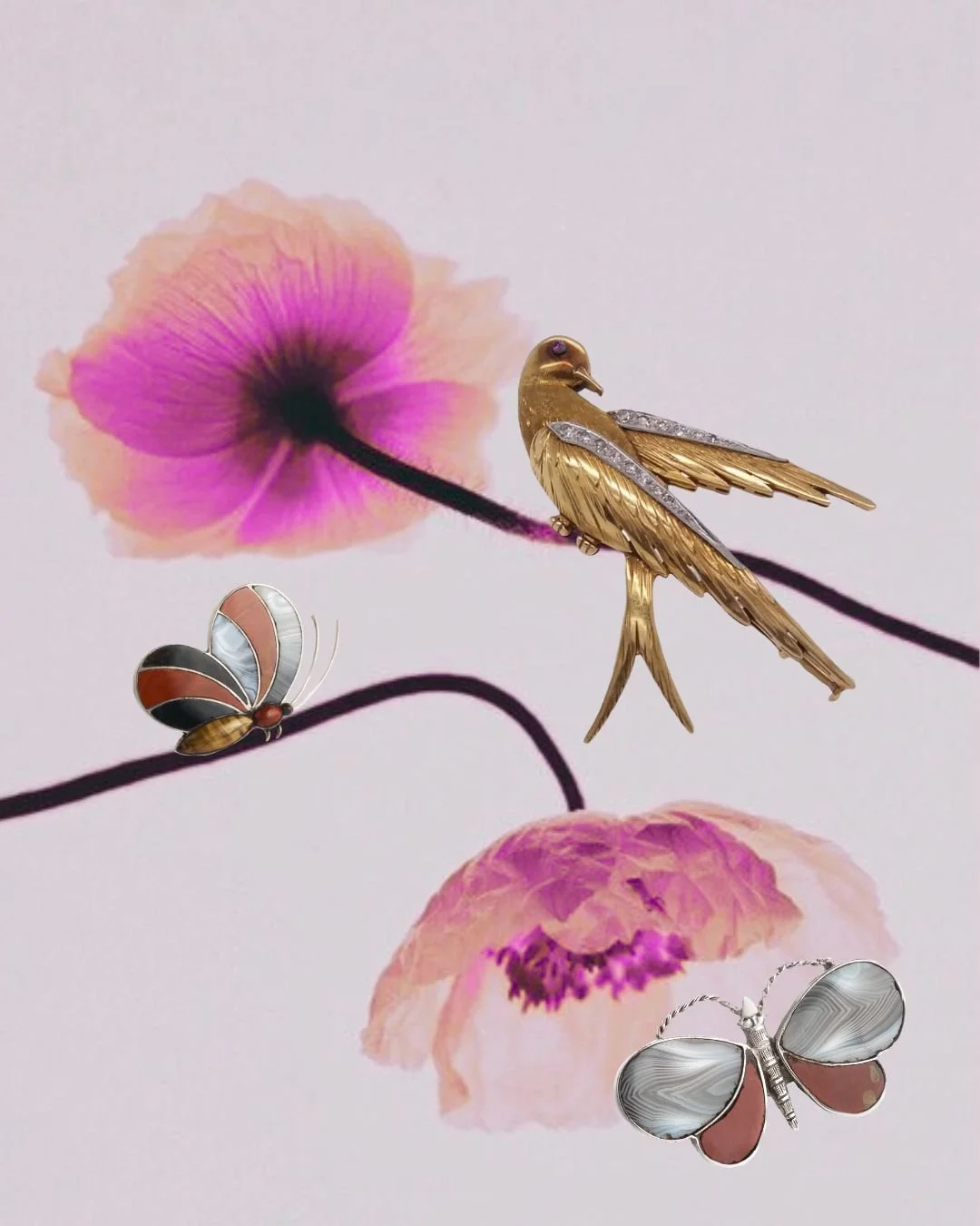Decorative pins and brooches in the shapes of a bird, butterfly, and bee, placed on a background with watercolor-style pink flowers.