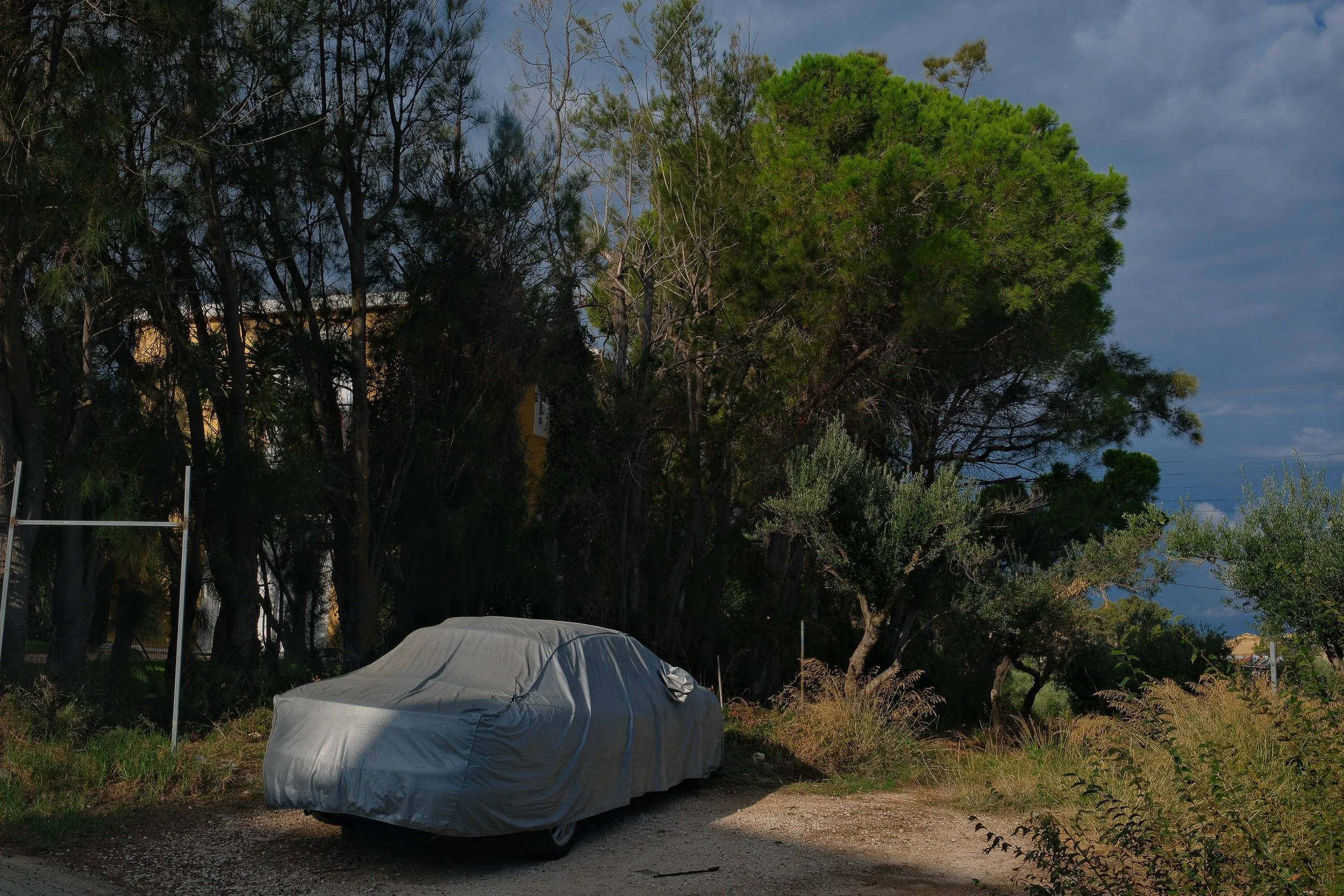 A car covered with a grey car cover parked on a dirt ground near trees and bushes under a cloudy sky.