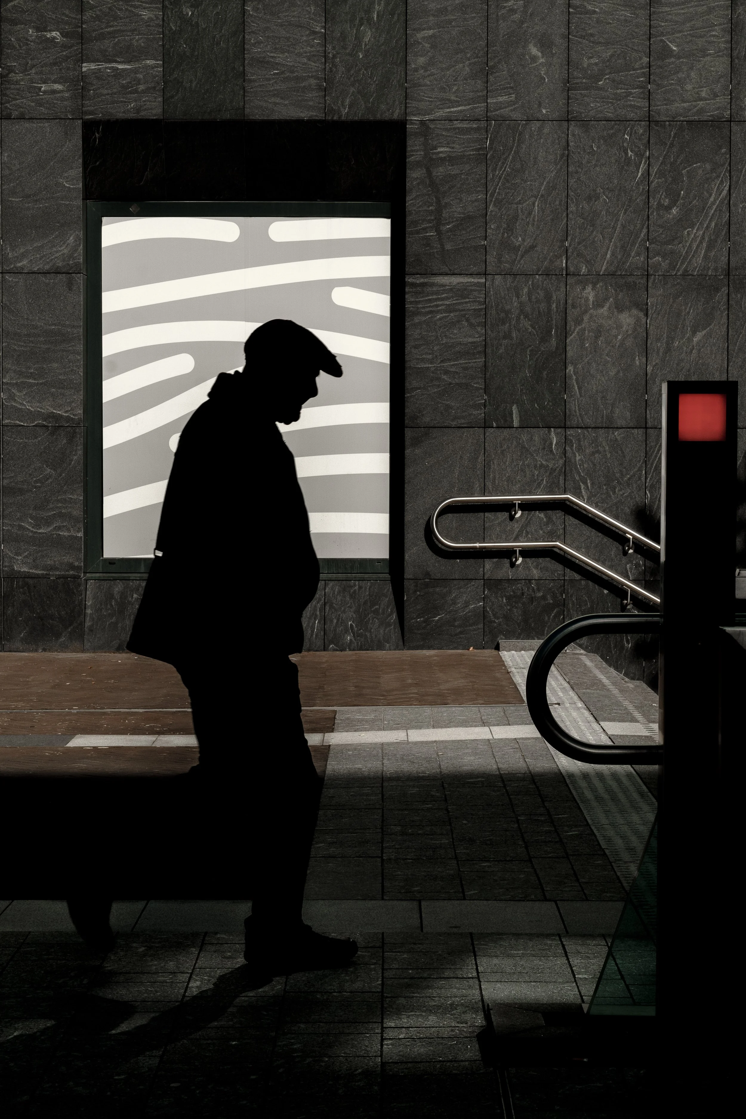 Silhouette of a man walking past a window with a zebra pattern on it, inside a building with dark marbled walls.