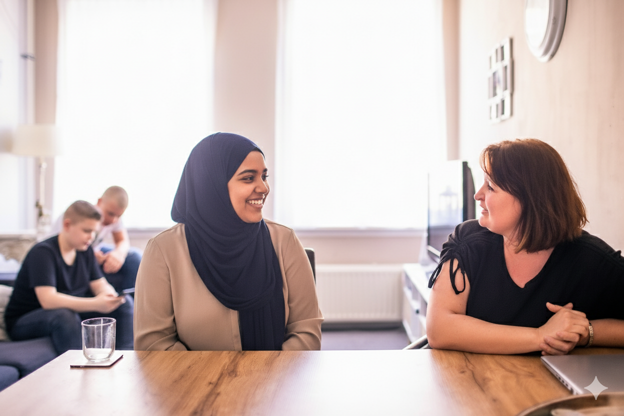 Two women having a conversation at a wooden table in a bright living room, with two children in the background sitting on a couch and looking at a mobile device.