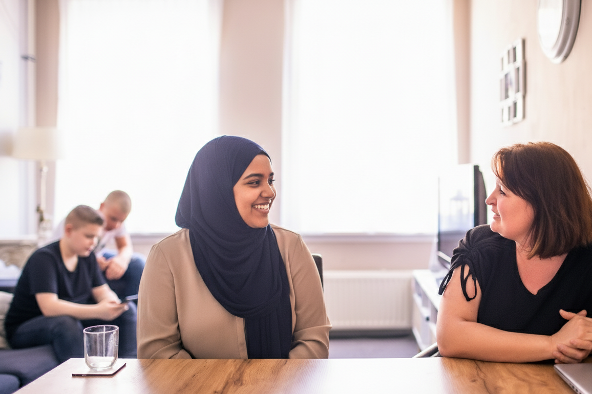 Two women sitting at a wooden table, smiling and talking, in a bright living room. Two boys are in the background, one looking at a phone and the other sitting beside him.