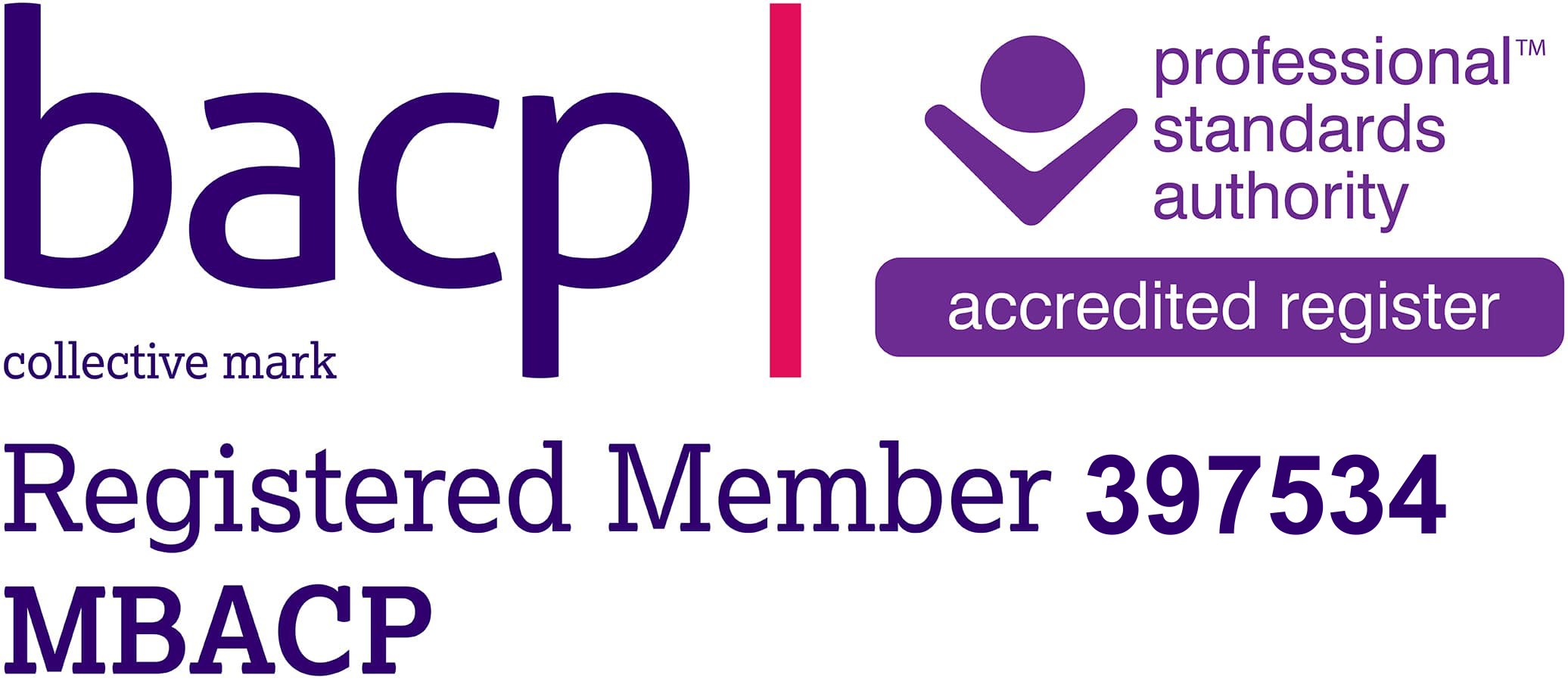 BACP logo with purple and pink design, text indicating professional standards authority, accredited register, registered member number 397534, and MBACP in purple.