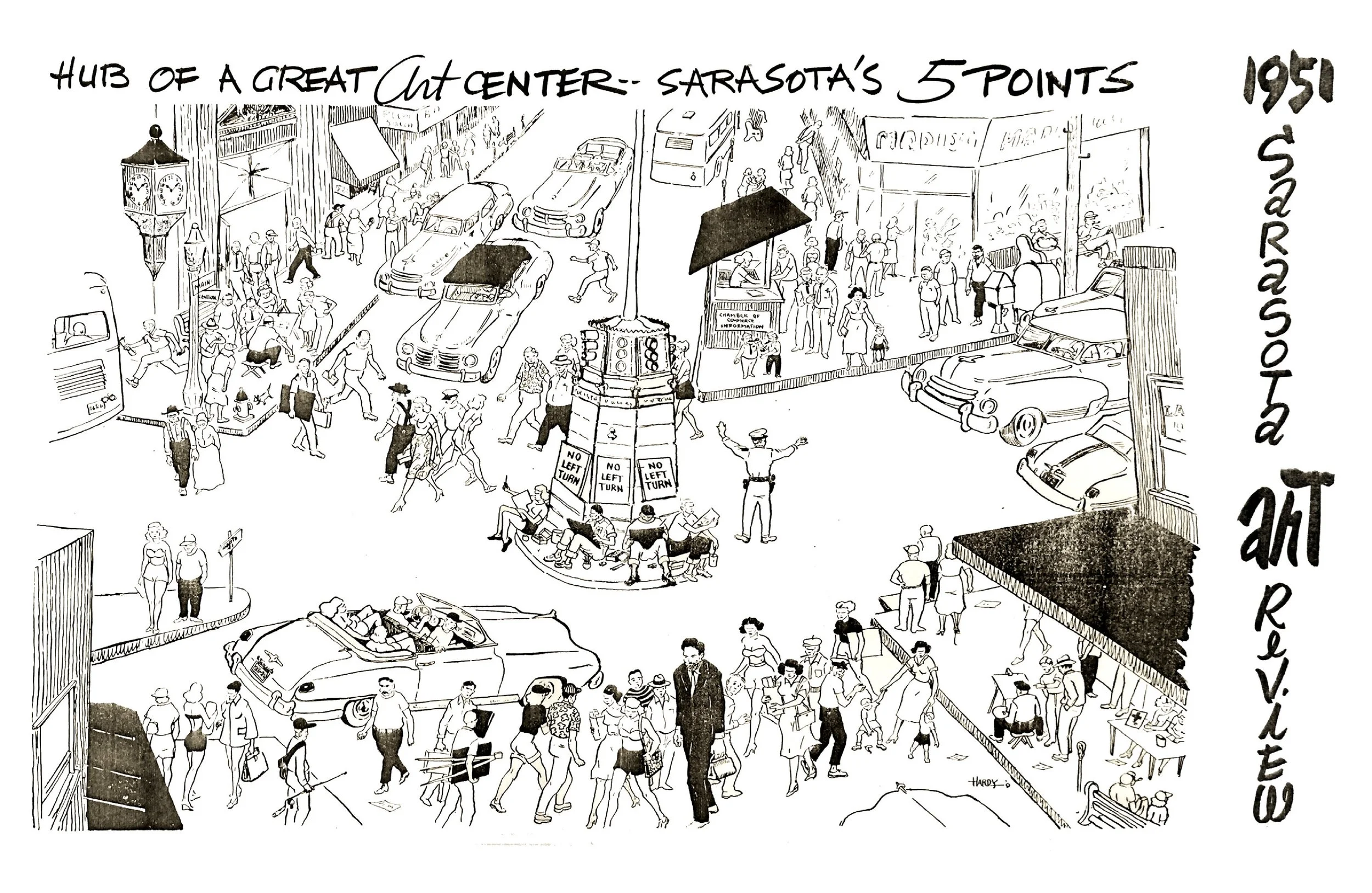 Black and white illustration of Sarasota's 1951 downtown area showing cars, pedestrians, and shops around a central roundabout with a clock tower. The drawing captures a busy, lively street scene.