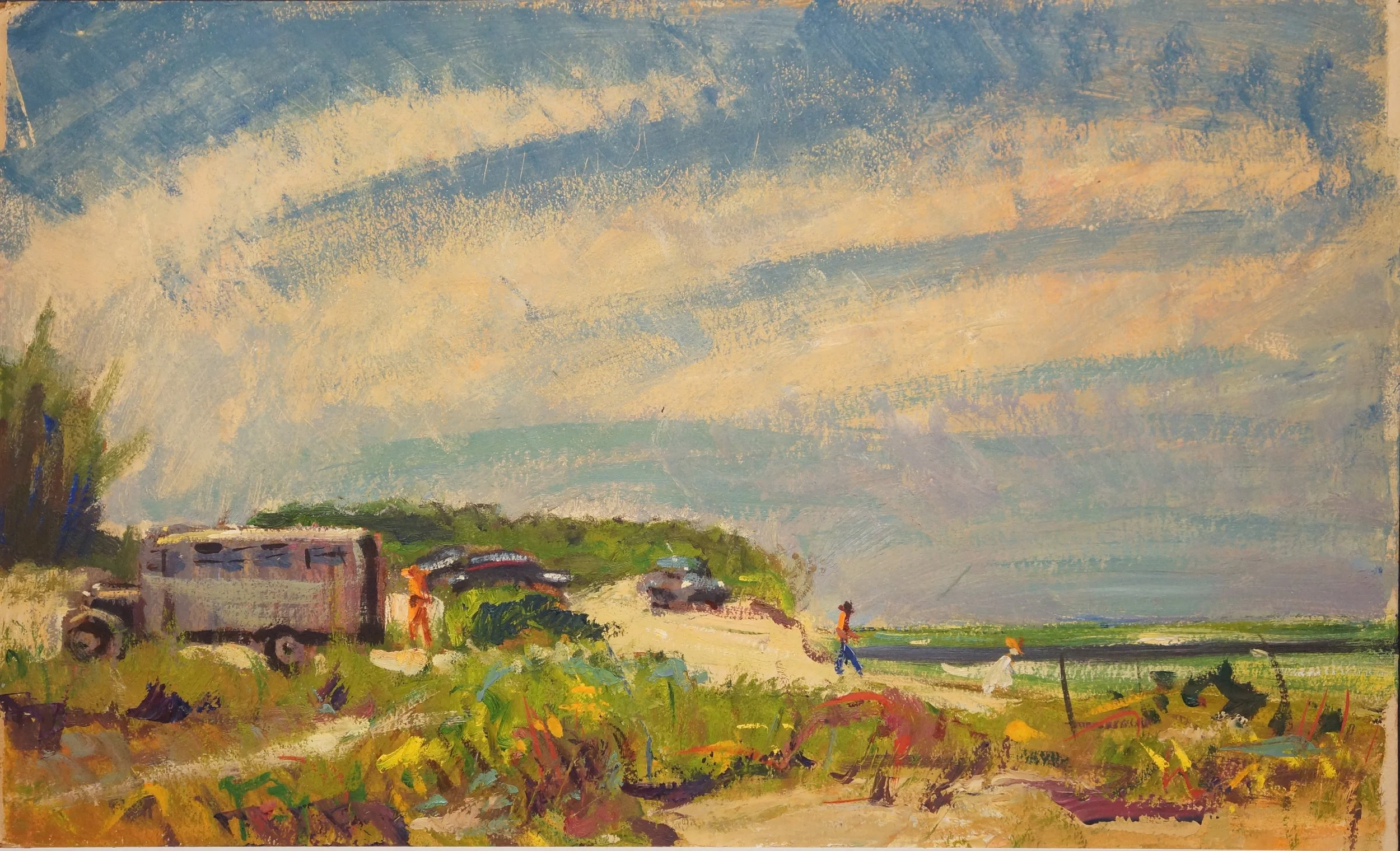 A landscape painting of a rural scene with a cloudy sky, green fields, a dirt road, a small building, and several people walking, rendered in an impressionist style with loose, vibrant brushstrokes.