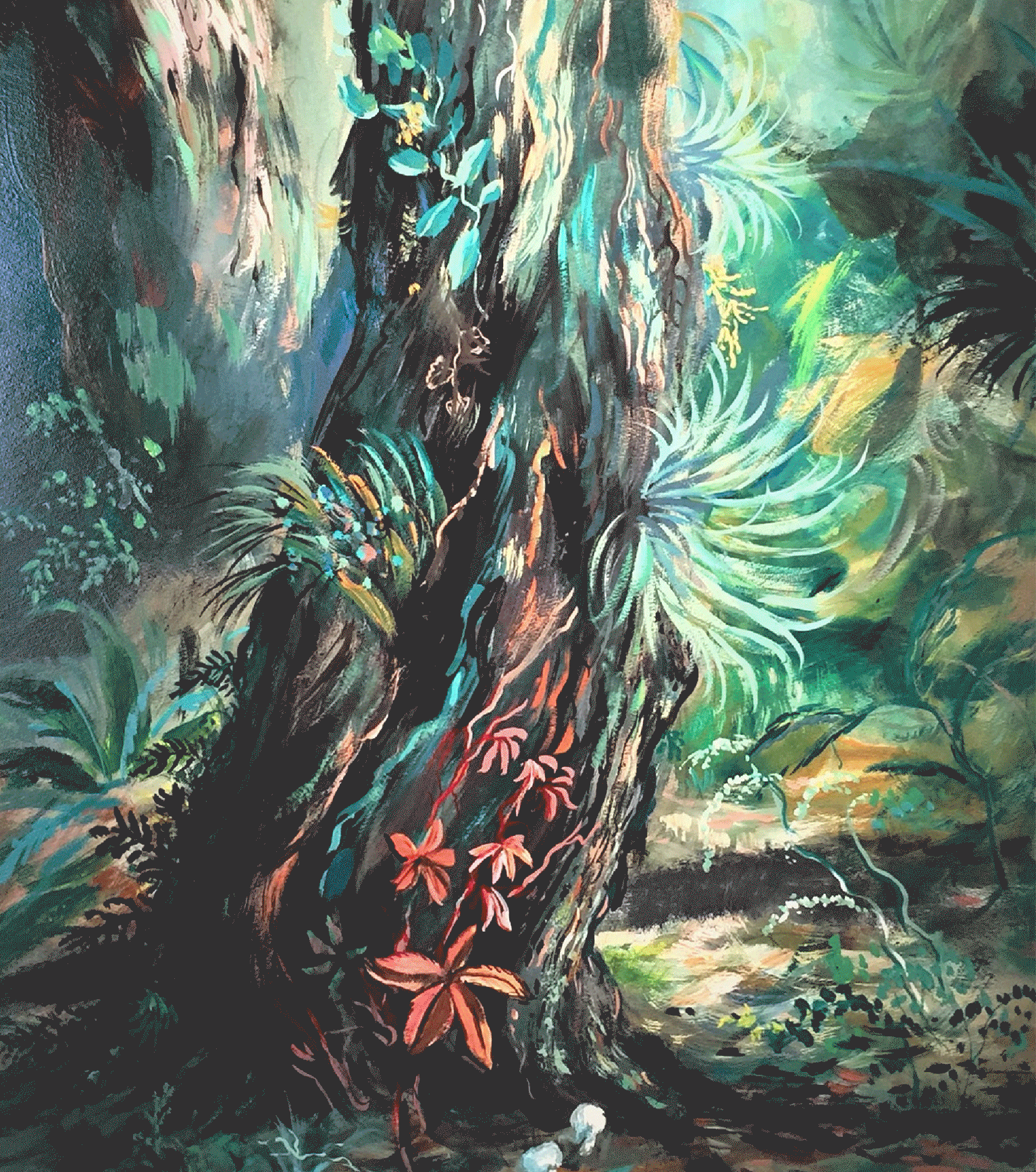 A vibrant, lush forest scene with a large, textured tree trunk at the center, surrounded by green foliage, including plants with long, curved leaves, and smaller plants with red and pink leaves, creating a dense, tropical atmosphere.