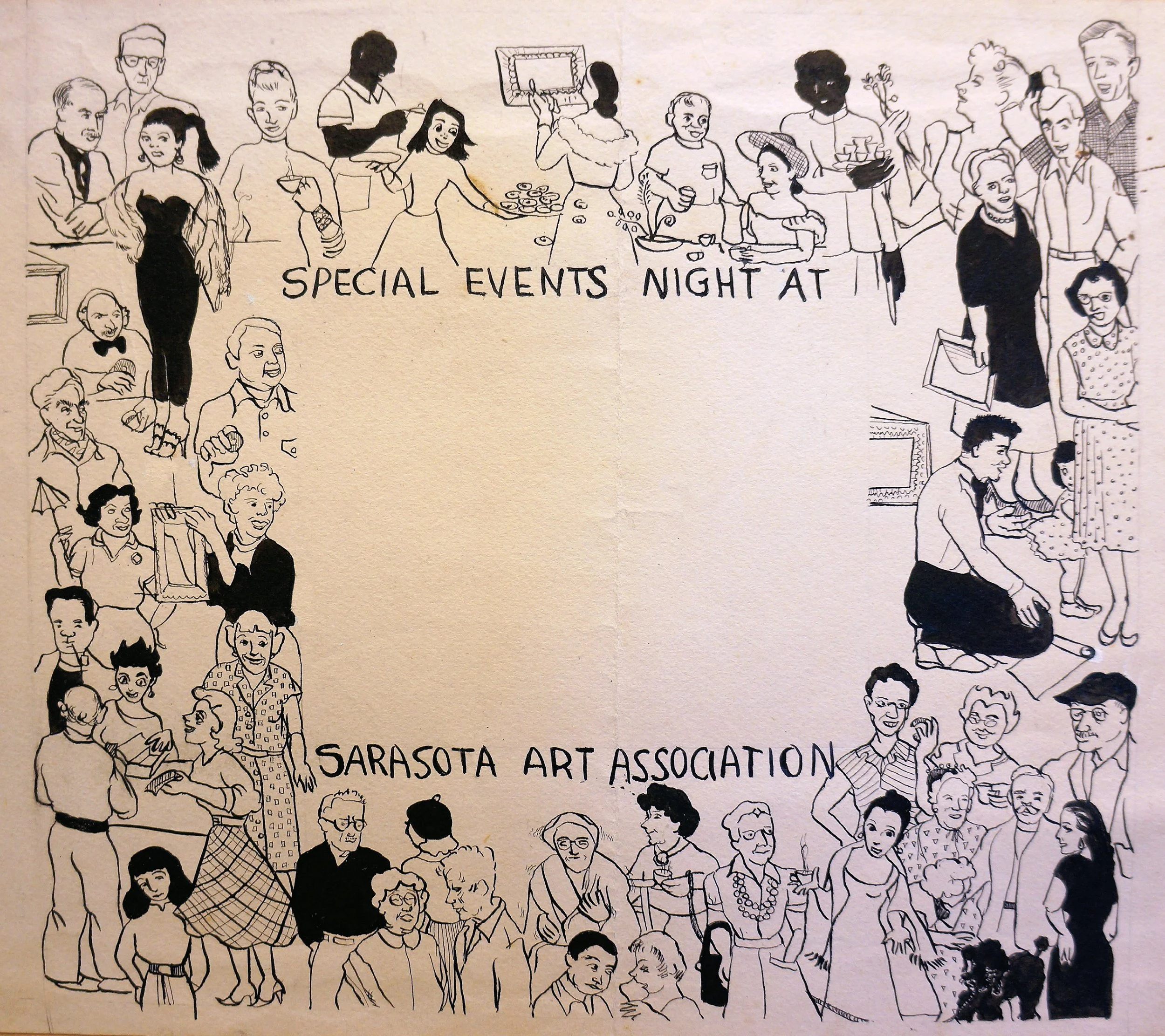 Illustration of a diverse group of people at a special events night, with some talking, some taking photos, and others engaging in activities, organized by the Sarasota Art Association.