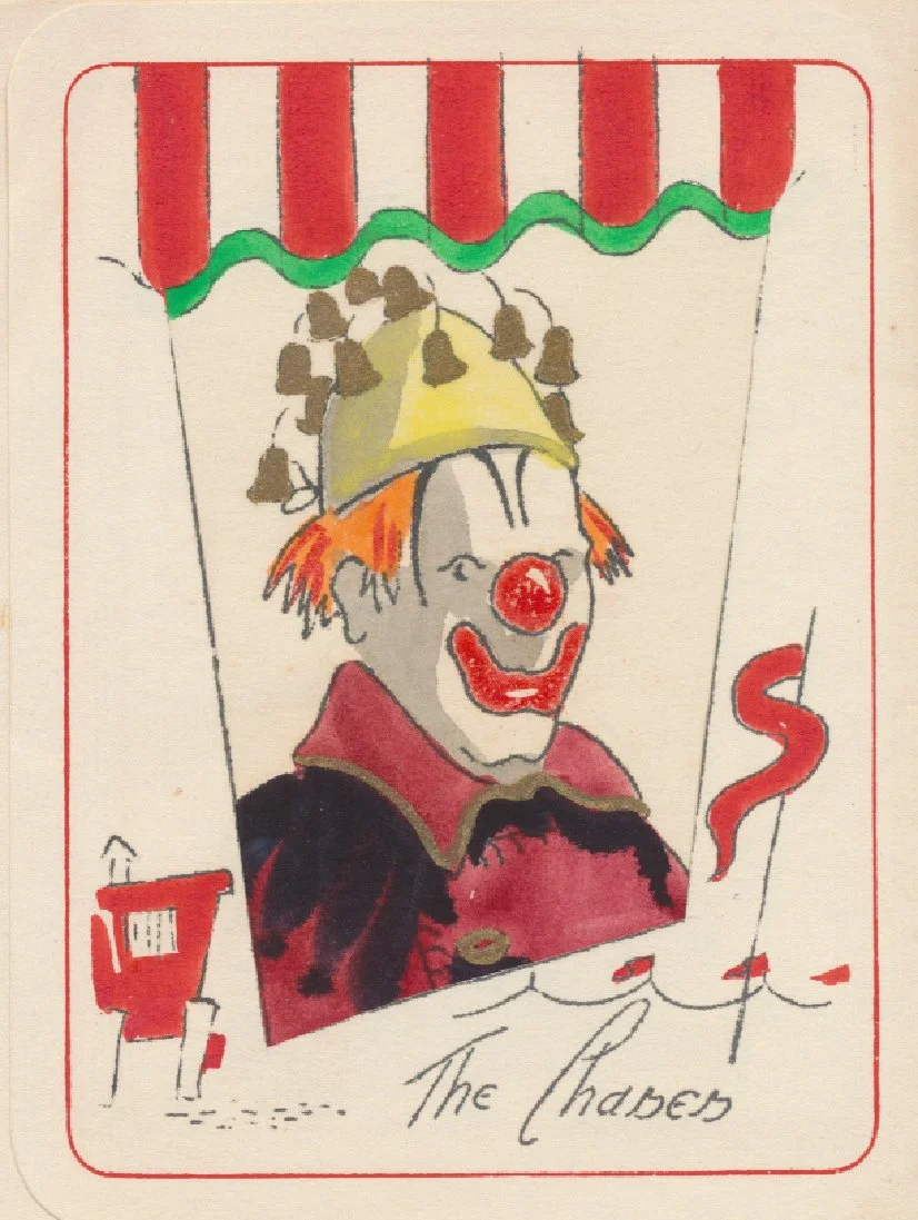 Drawing of a clown with orange hair, red nose, and red lips, wearing a yellow hat, under a red and white striped canopy, with a red box and a red candle with a wavy flame nearby, and the text 'The Shadows' written at the bottom.