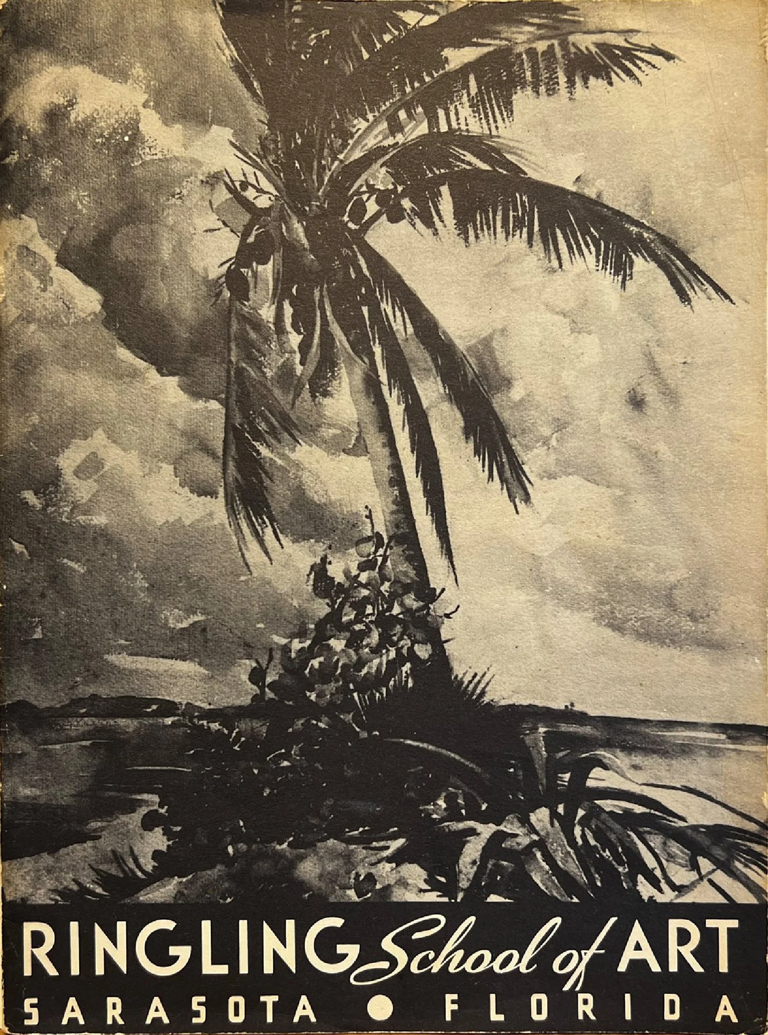 A black and white drawing of a palm tree on a beach with clouds in the sky. Text at the bottom reads "RINGLING School of ART SARASOTA FLORIDA."