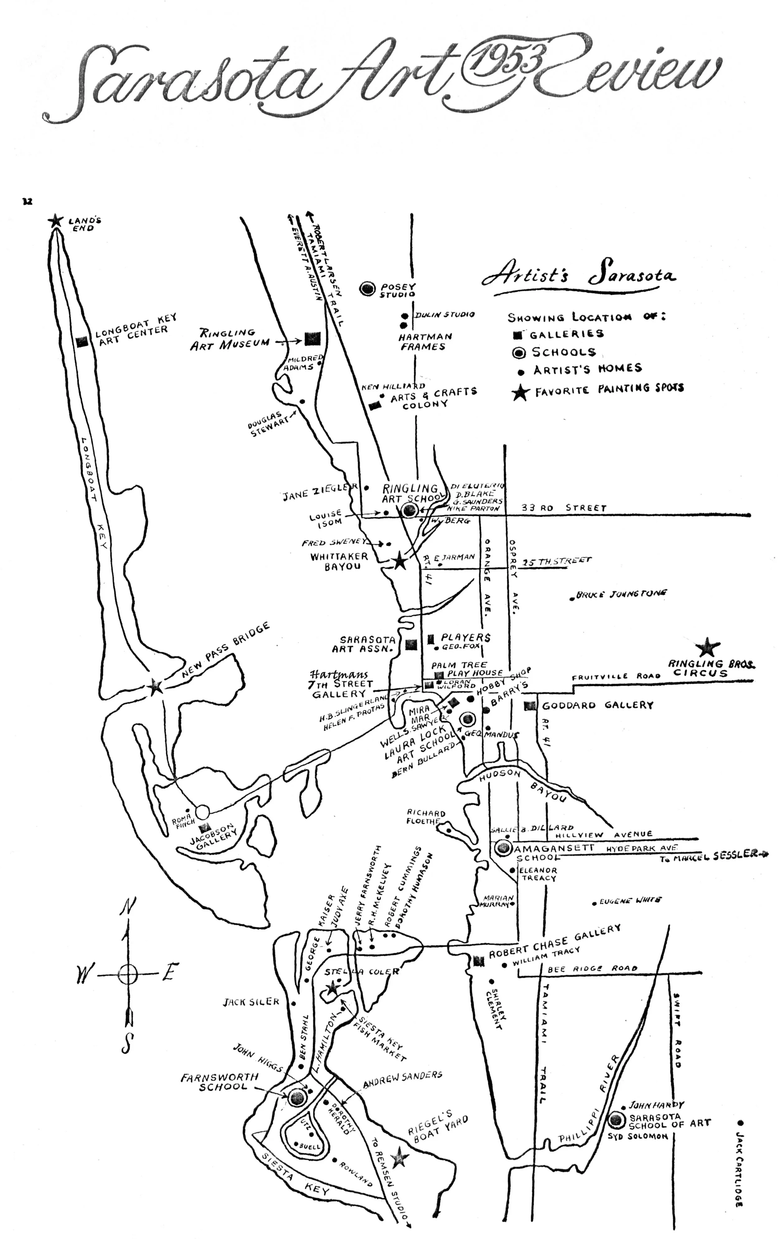 A hand-drawn map of Sarasota, Florida, showcasing art galleries, schools, artists' homes, and favorite painting spots, with key locations labeled along the coastline and inland, including landmarks like Ringling Art Museum, Sarasota School of Art, and Riegel's Boat Yard.