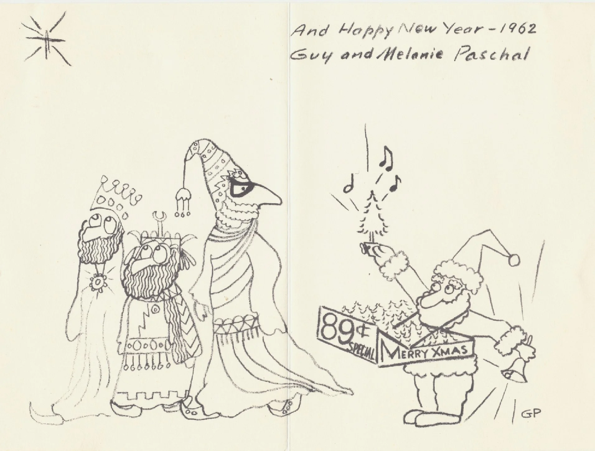 A hand-drawn illustration of three wise men, one in a crown, another in a patterned turban and robe, and the third wearing glasses and a Santa hat, with a Christmas gift box labeled "Merry Xmas" and surrounded by music notes, celebrating the New Year