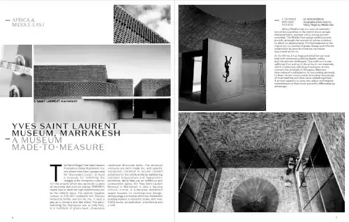 Page d'un magazine présentant des images en noir et blanc de l'architecture et de l'art, avec du texte en anglais et français évoquant le musée Yves Saint Laurent à Marrakech et ses caractéristiques.
