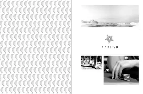 Page de magazine avec motifs géométriques et logo Zephyr.