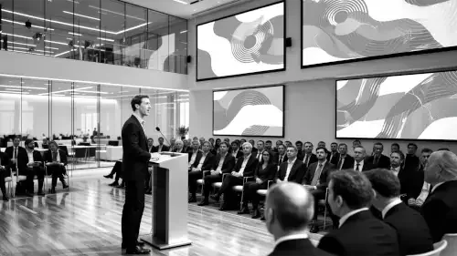 Un homme en costume donne une présentation devant une salle de réunion avec des graphiques sur un écran, plusieurs personnes écoutent, certaines avec des ordinateurs portables.