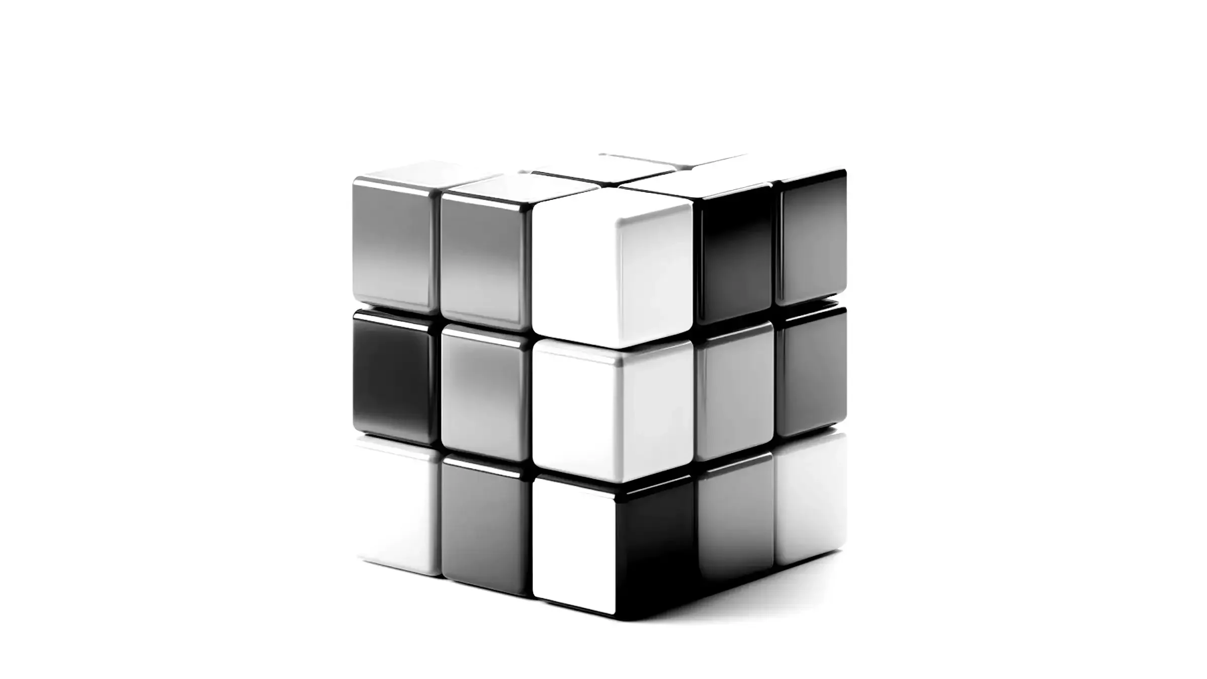 Rubik’s Cube incomplet en noir et blanc, illustrant la complexité et la résolution stratégique des enjeux de communication et de cohésion d’équipe – Fulgurance.