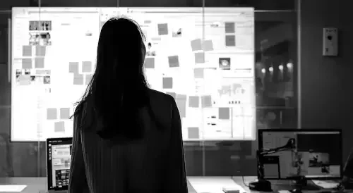 Une femme regarde un écran lumineux avec des notes et des images dans un bureau moderne, en noir et blanc.