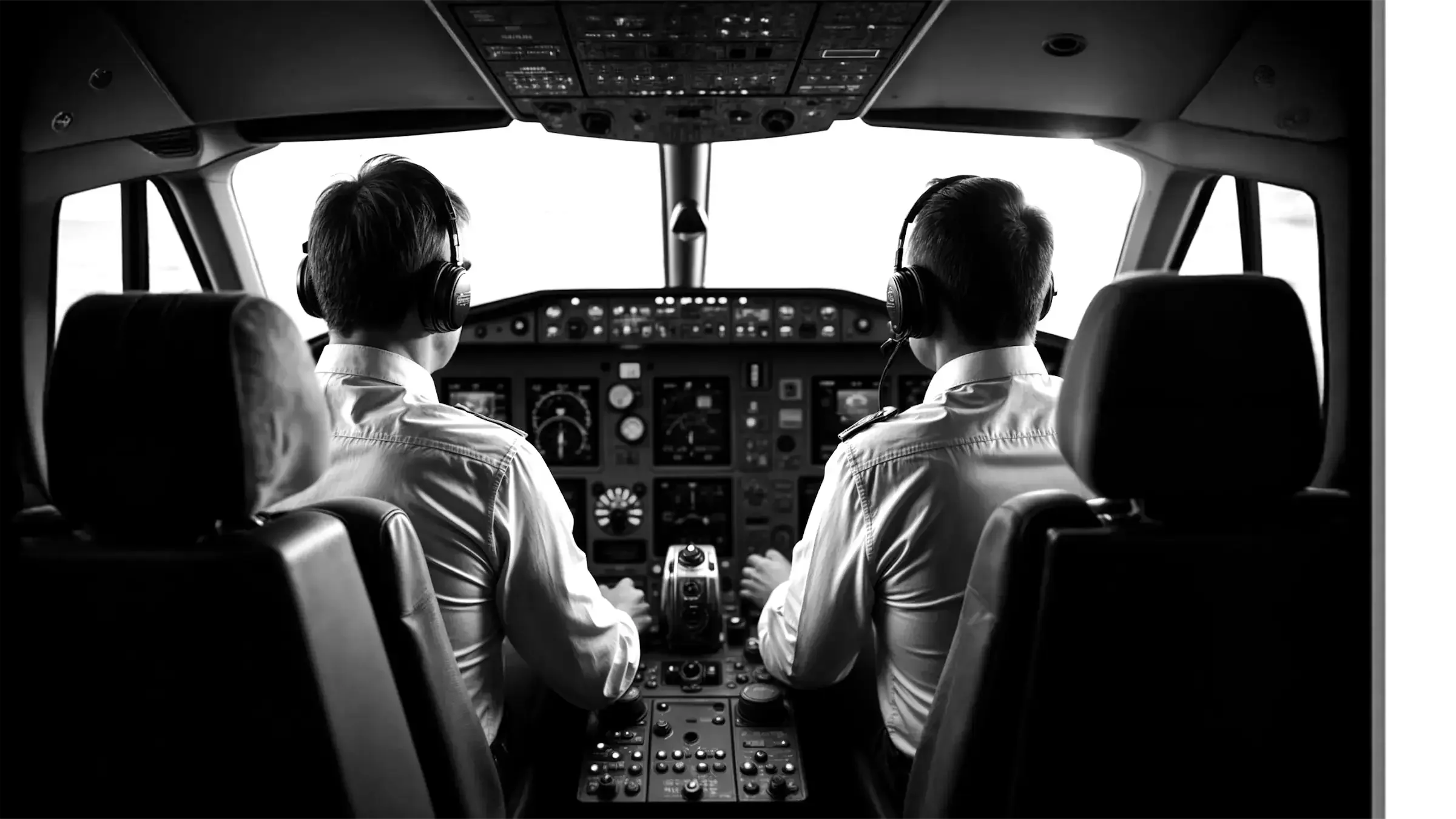 Cockpit d’avion en noir et blanc avec deux pilotes, illustrant l’alignement, la précision et la maîtrise collective des messages – Fulgurance, formation Power Up en communication stratégique.