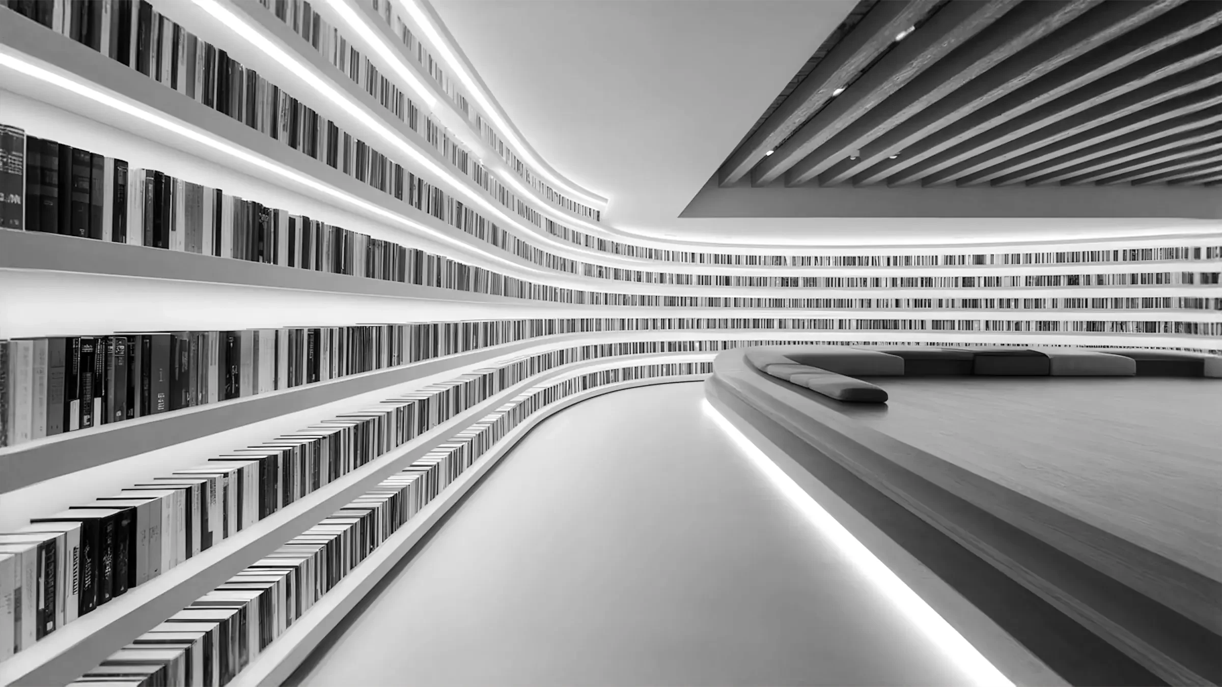 Bibliothèque moderne aux étagères courbées et livres parfaitement alignés en noir et blanc, illustrant la cohérence, l’organisation et l’accessibilité des supports institutionnels et commerciaux – Fulgurance, structuration éditoriale et alignement