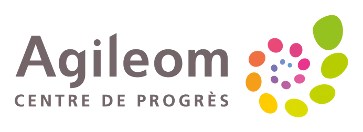 Logo avec le mot 'Agileom' en lettres grises et un cercle coloré composé de plusieurs ovales de différentes couleurs à côté, avec la phrase 'centre de progrès' en dessous.