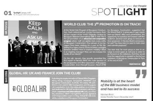 Page d'une publication avec deux sections principales. La première section, intitulée 'HR Focus', montre un groupe de quatre hommes en costume posant devant un panneau avec le texte 'Keep Calm and Ask Us Testing'. La deuxième section, intitulée 'Success', annonce la sortie de la collaboration entre le RU et la France sur le projet Global HR, mettant en avant une photo d'un groupe de personnes dans un environnement professionnel, et un texte sur la mobilité dans le modèle d'affaires de l'UE.