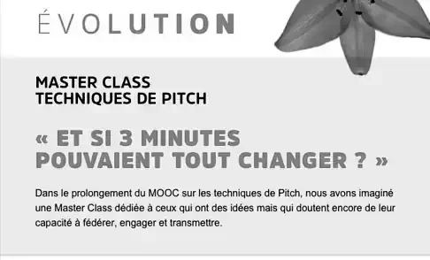 Texte en français annonçant un Master Class sur les techniques de pitch, intitulée "Et si 3 minutes pouvaient tout changer?"