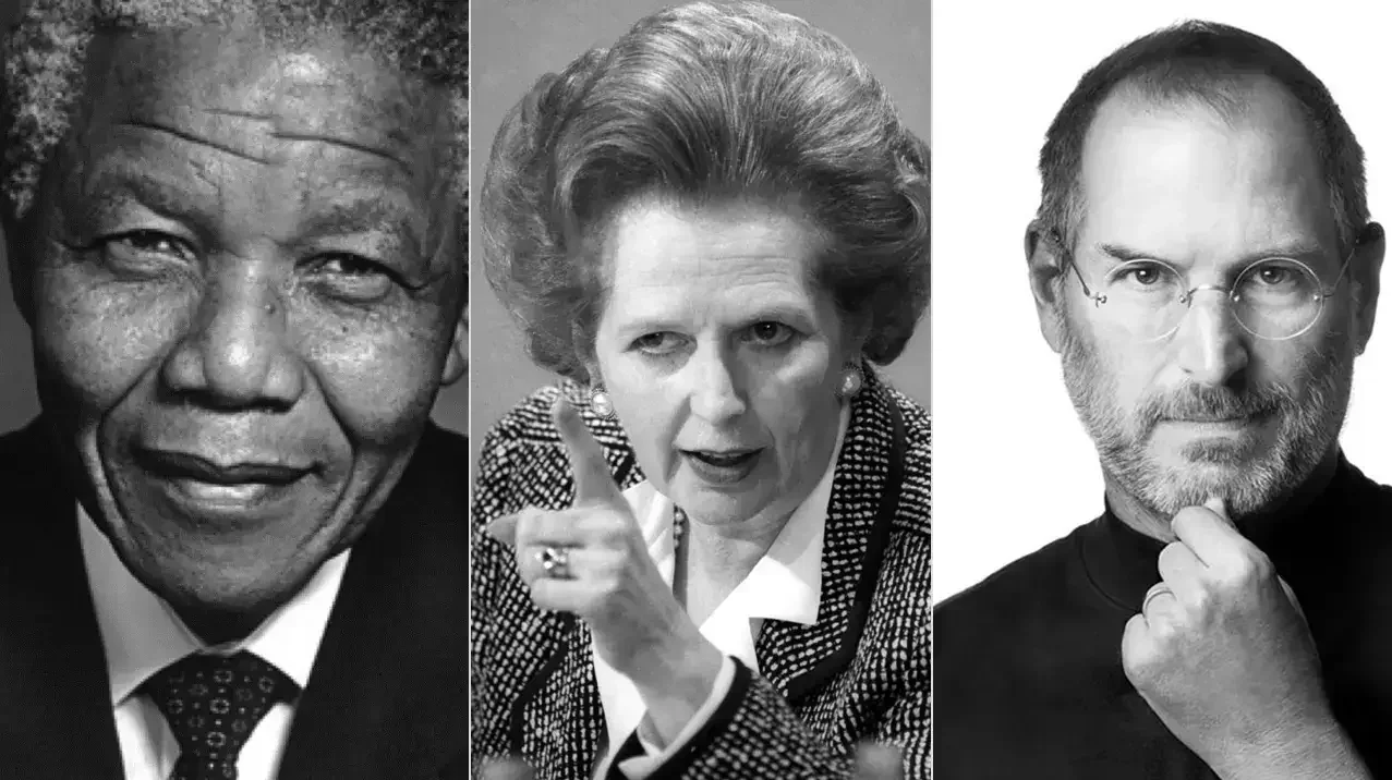 Portraits en noir et blanc de leaders emblématiques (Nelson Mandela, Margaret Thatcher, Steve Jobs), symbolisant l’inspiration, la conviction et le leadership – Fulgurance, coaching et formation en prise de parole.
