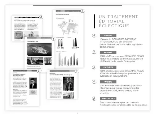 Page d'un document intitulé "Un traitement éditorial éclectique" présentant différents types de contenus tels que chiffres, figures, photos, mots, et autres éléments liés à une analyse ou une stratégie de communication d'entreprise.