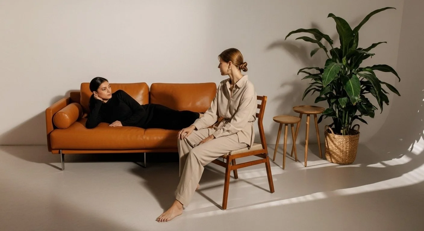 A woman with dark hair in black clothes lying on a brown leather couch, and another woman with red hair in beige clothes sitting on a wooden chair beside her, in a minimalist room with a large green plant, three small wooden stools, and a plain white wall.