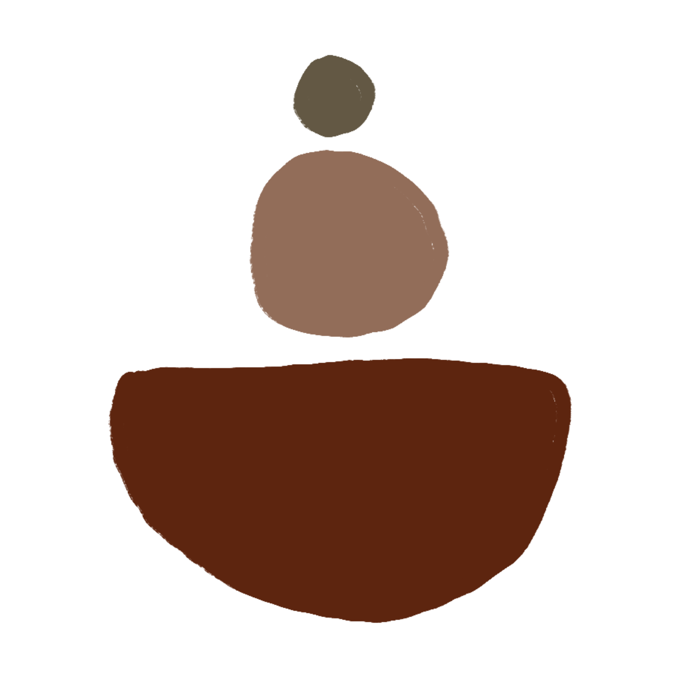 A simple illustration of a person sitting at a desk, with a round dark gray head, a large light brown torso, and a wide dark brown desk or table.