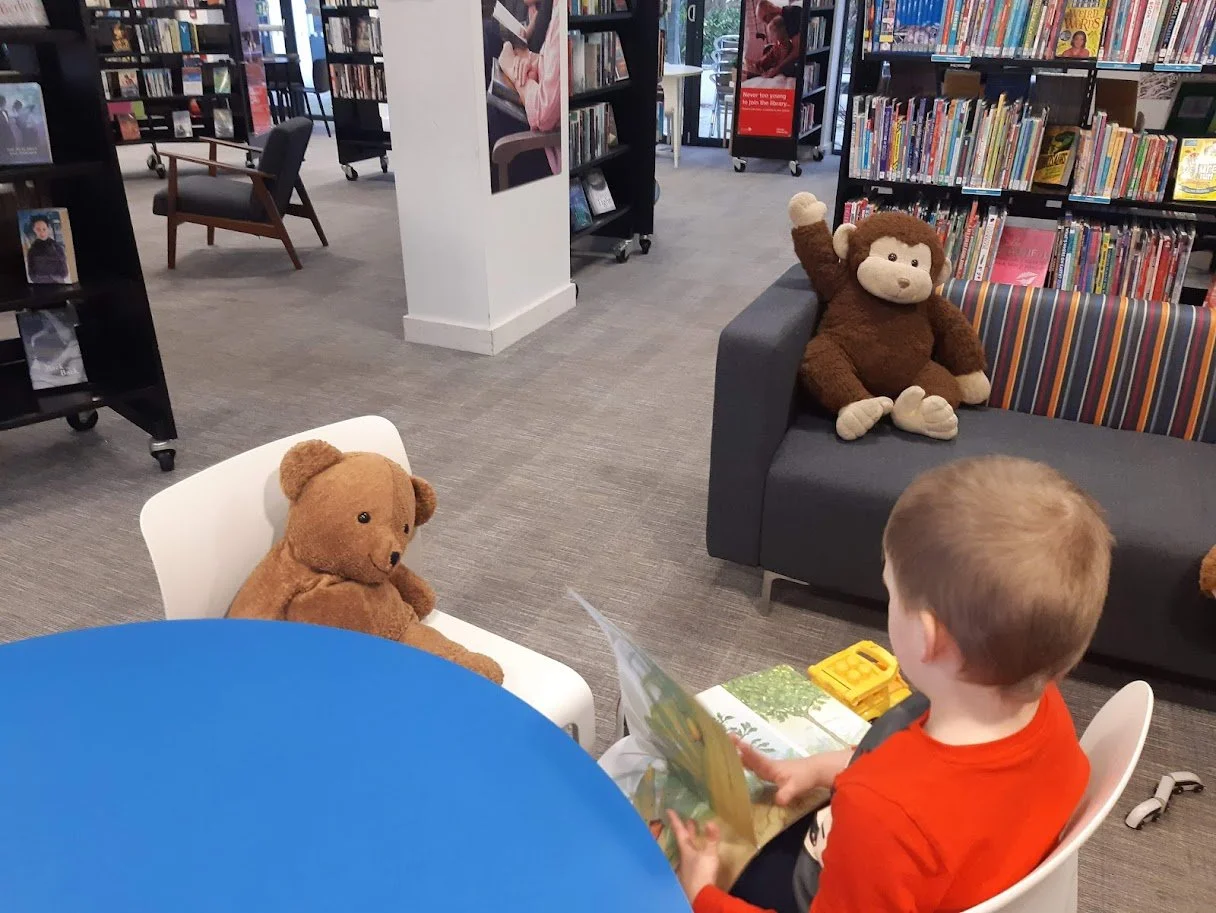 Boy sat down in library reading a book to teddies.