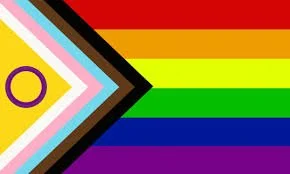 A rainbow pride flag with stripes in red, orange, yellow, green, blue, and purple, and a chevron pattern on the left with a purple circle inside yellow, pink, blue, white, light blue, and black stripes.