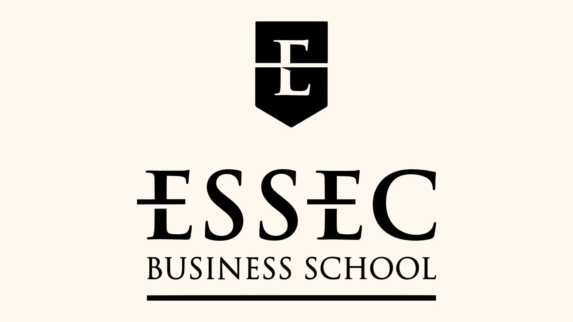Logo de l'ESSEC Business School avec un bouclier noir contenant les lettres E et L verticalement, et le nom 'ESSEC Business School' écrit en dessous.
