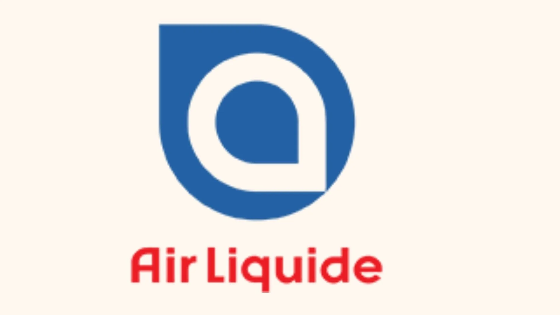 Logo bleu et blanc avec un cercle contenant une forme de lettre 'A', au-dessous en rouge, texte 'Air Liquide' sur fond beige clair.