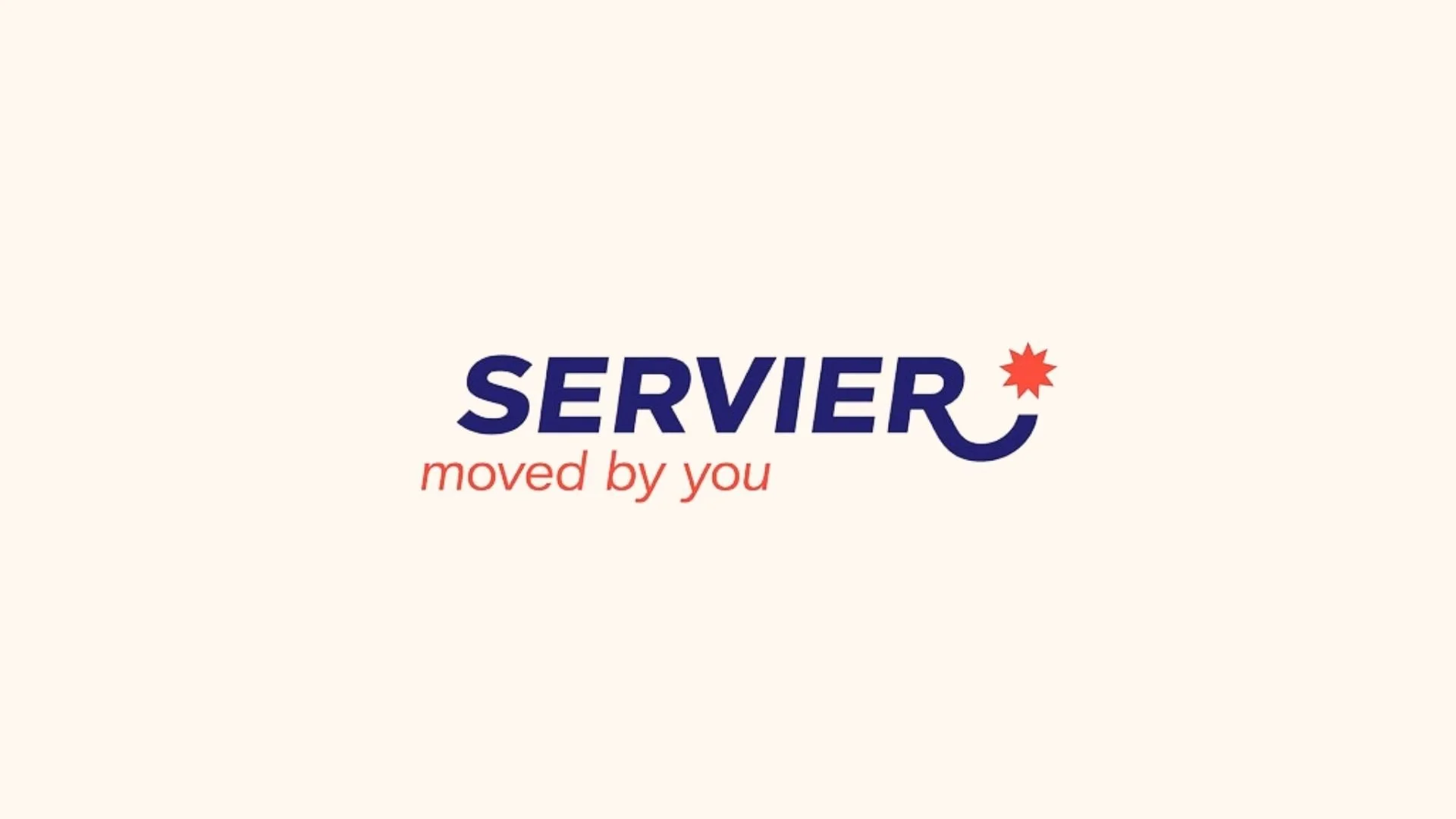 Logo avec le mot 'SERVIER' en bleu foncé, un symbole rouge étoilé remplaçant le point du 'i', et le slogan 'moved by you' en rouge en dessous.