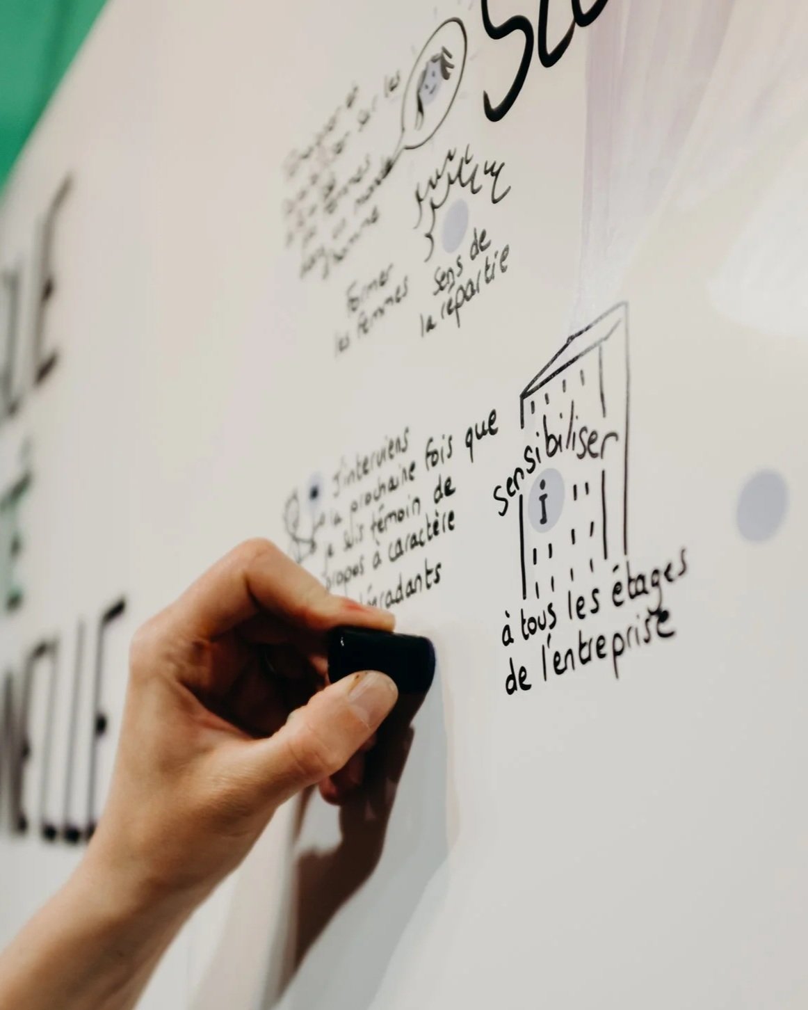 Une main écrit sur un tableau blanc avec un marqueur noir, avec des dessins et du texte en français, notamment une illustration d'une porte d'ascenseur.
