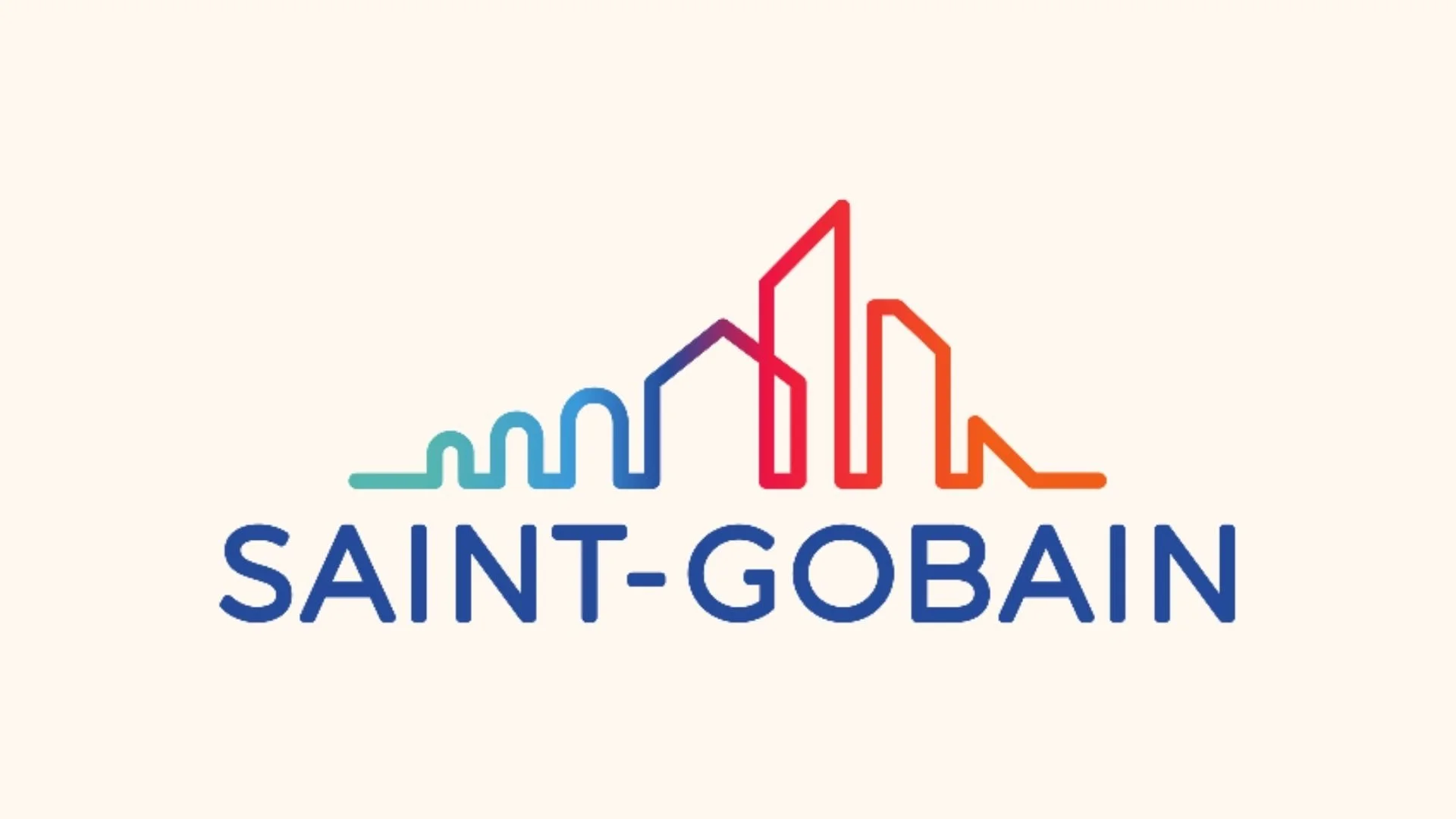 Logo de Saint-Gobain avec une silhouette de skyline stylisée en dégradé de couleurs allant du bleu au rouge.