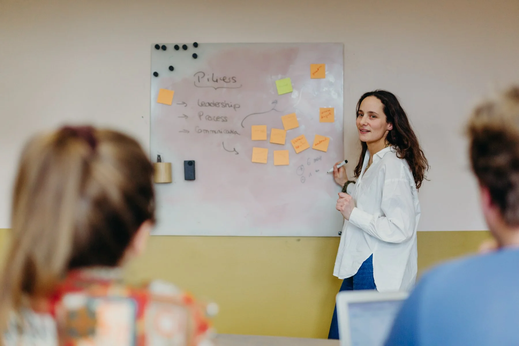 Une femme donne une présentation devant un tableau blanc avec des notes autocollantes, devant un groupe de personnes