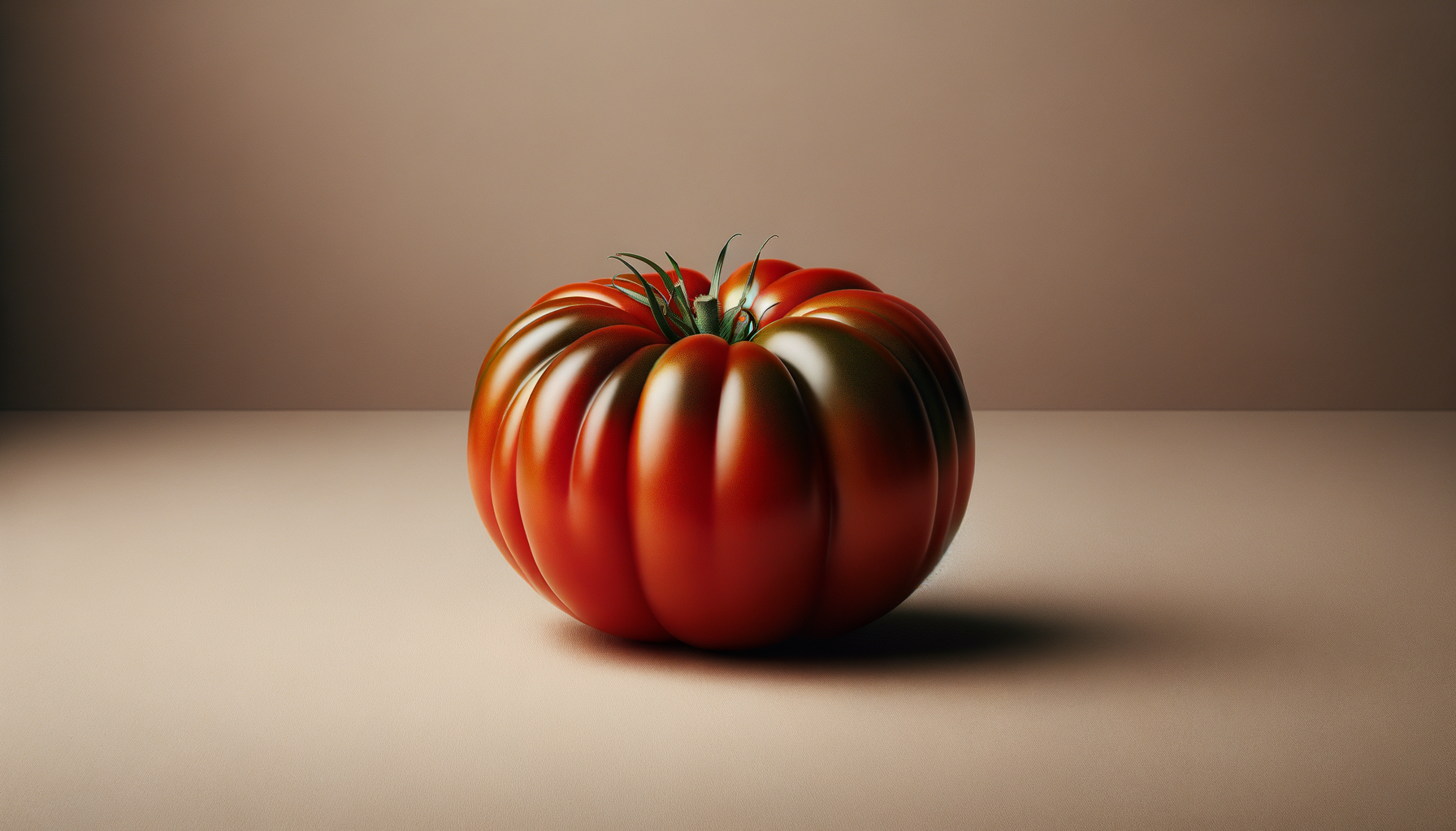 A ripe, red tomato with green stem on a plain surface with a neutral background.