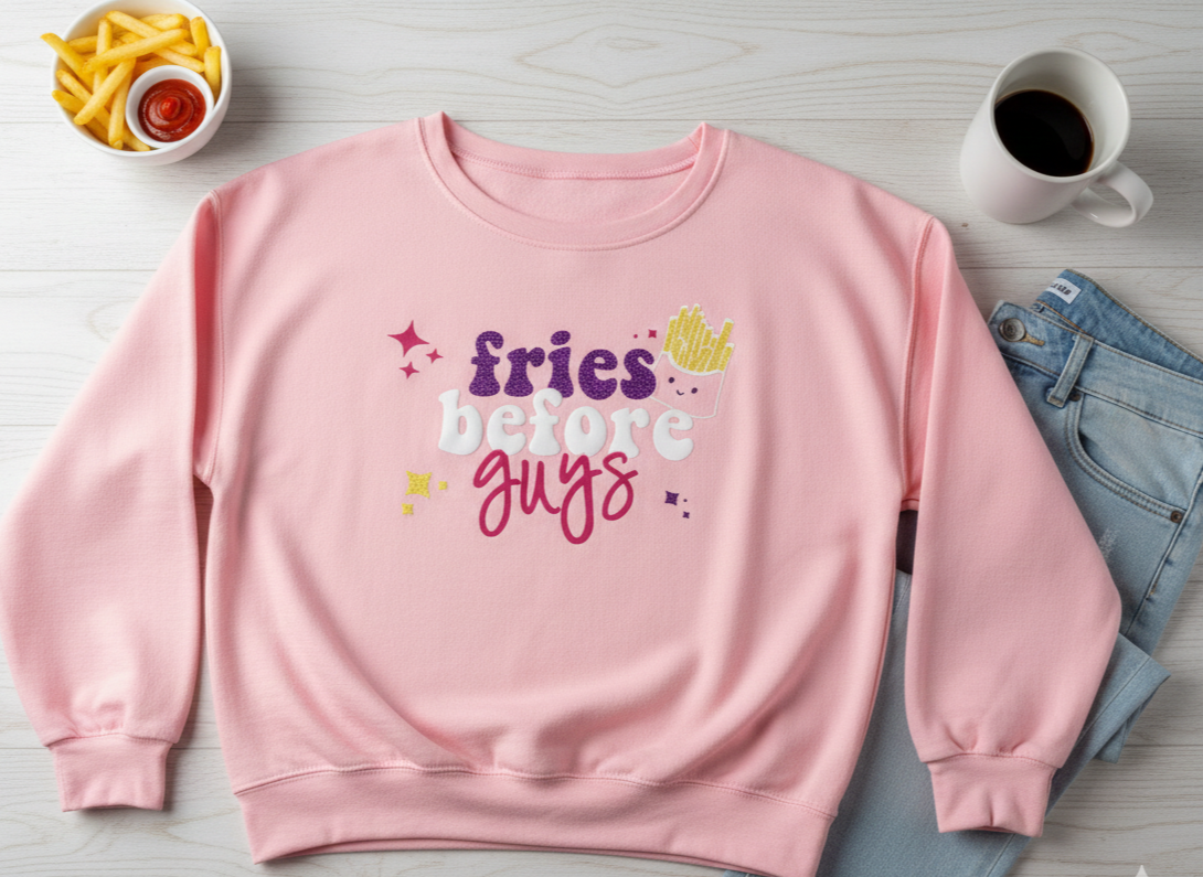 Pink sweatshirt with the phrase "fries before guys" and a cartoon of French fries on a light-colored wooden surface, with a bowl of French fries and ketchup, a cup of coffee, and a pair of denim jeans nearby.