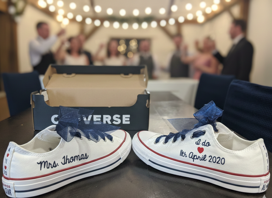 White Converse sneakers with navy blue laces, custom messages, and a navy blue bow on each, placed on a table, with a wedding reception scene in the background.